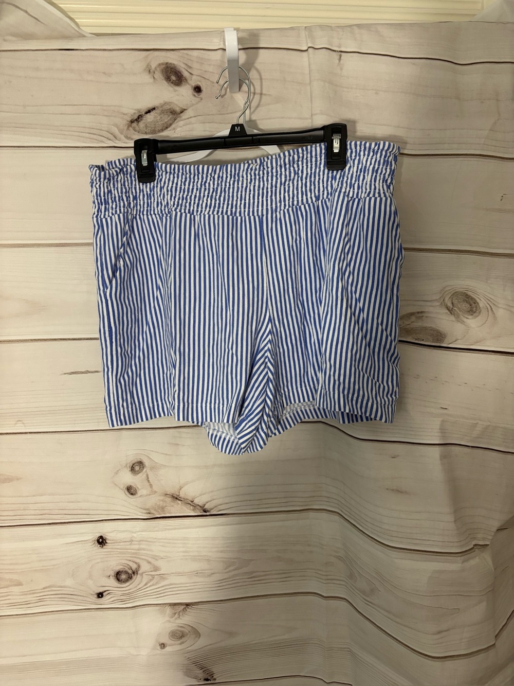 Striped High-Waist Pull-On Shorts in Blue & White
